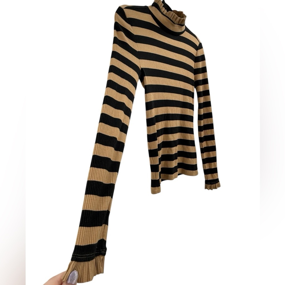 J.Crew Montauk Stripe Ribbed Mockneck XS Sand Black Breton Ruffle Trim - Picture 6 of 16